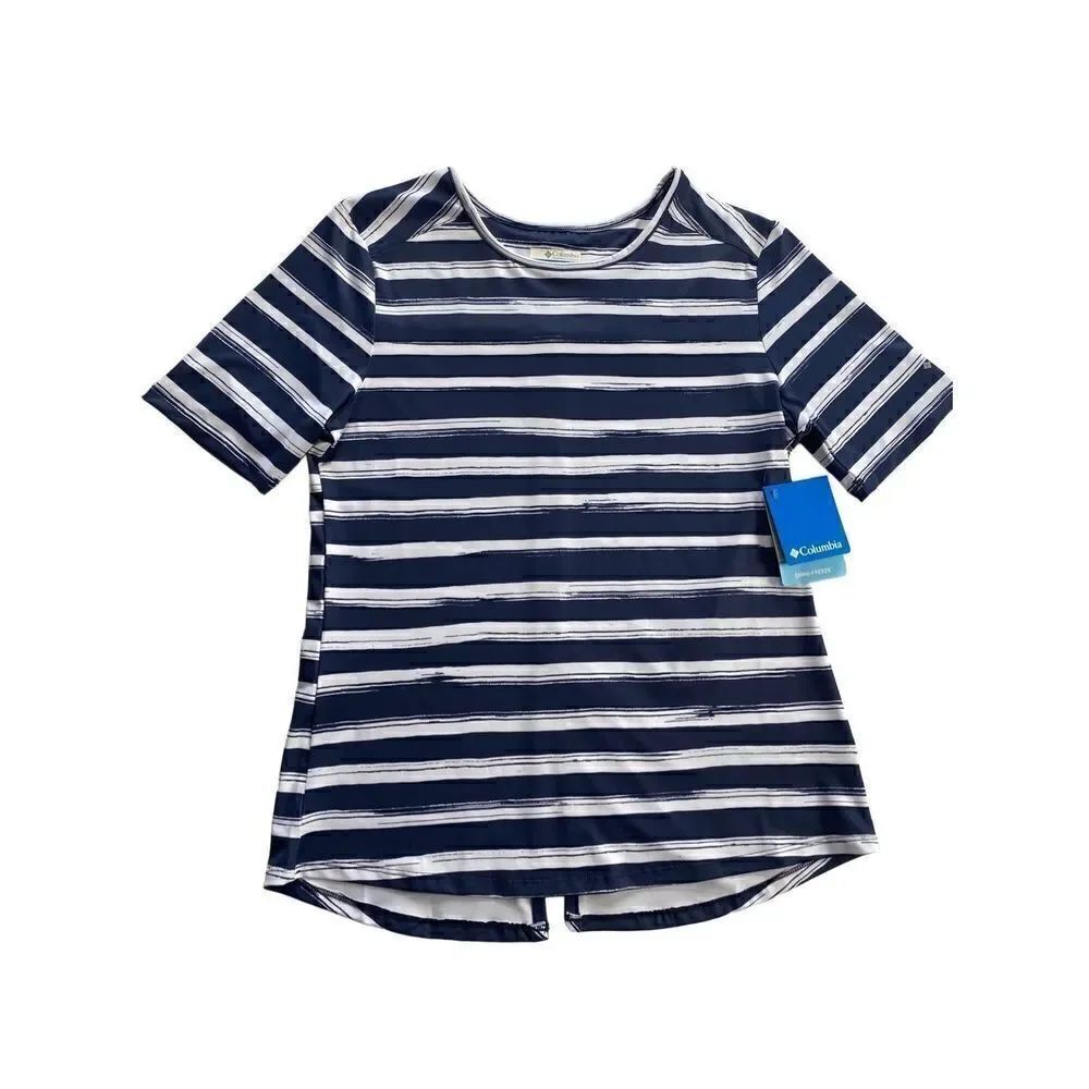 Columbia Womens SMALL Striped Open Back Vent Short Sleeve Tee